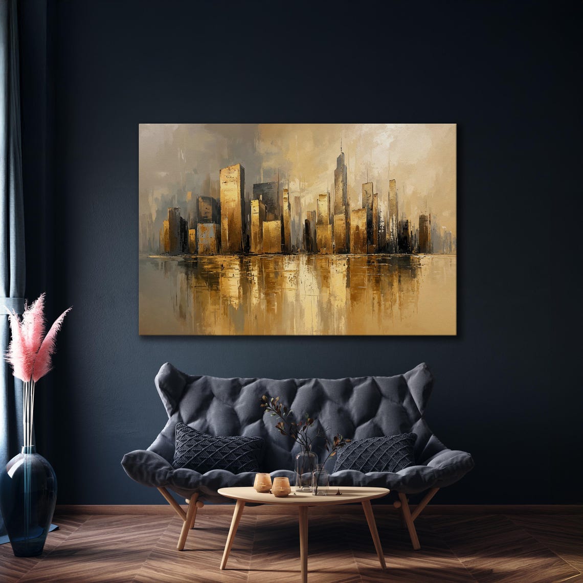 Hazy Golden City Skyline Reflection in Water Elegant Art Poster - Image 5