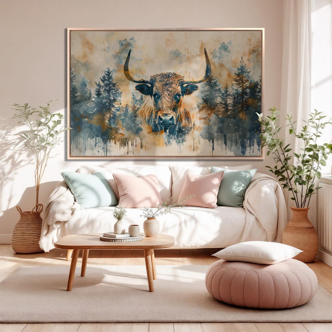 Watercolor Highland Cow Emerging From Pine Forest Wilderness Poster - Image 2