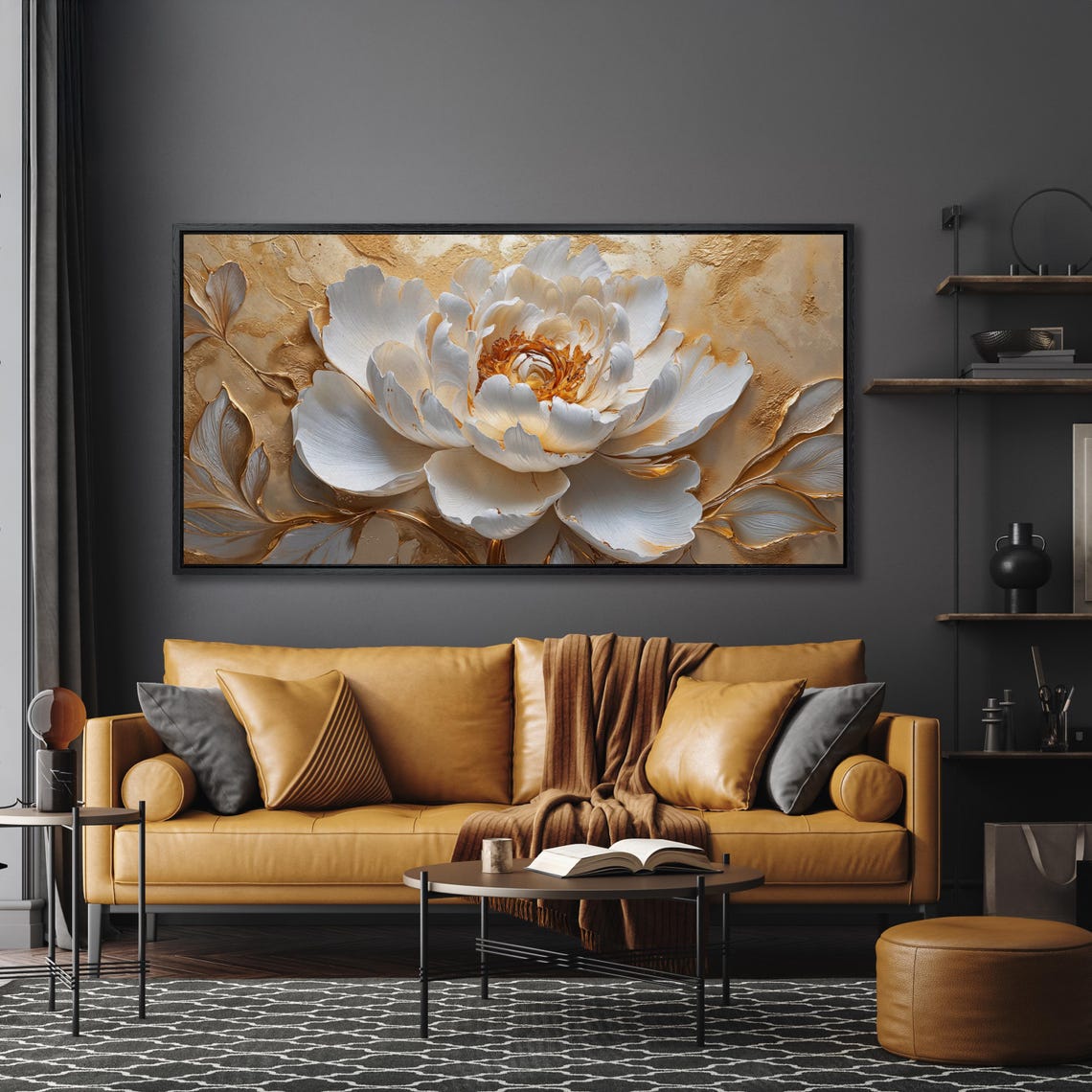 Large White And Gold Peony Bloom Sculpted Relief Botanical Poster - Image 4