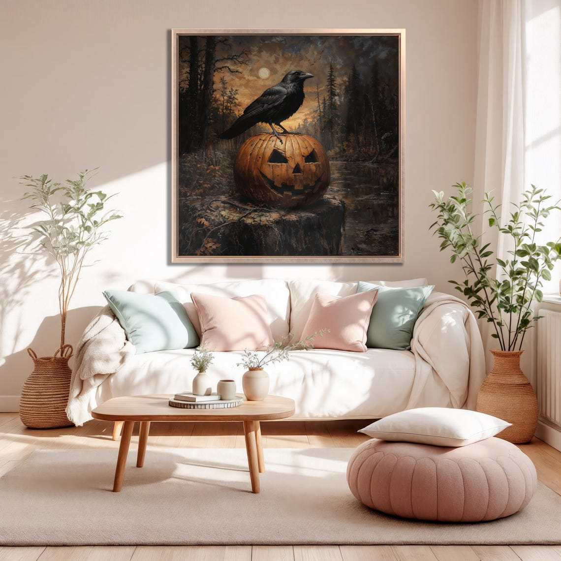 Halloween Crow Perched On Jack O Lantern Moonlit River Poster - Image 2