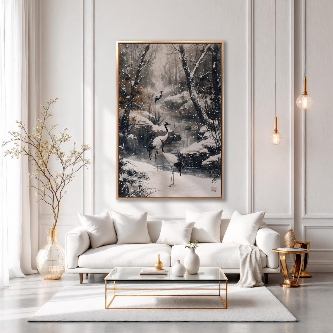 Red Crowned Cranes In Snowy Japanese Ink Painting Landscape Poster - Image 3