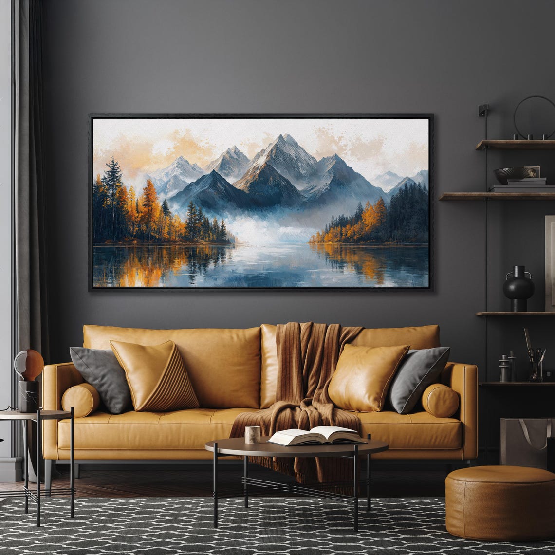 Misty Blue Mountains with Autumn Forest Lake Panorama Art Poster - Image 3