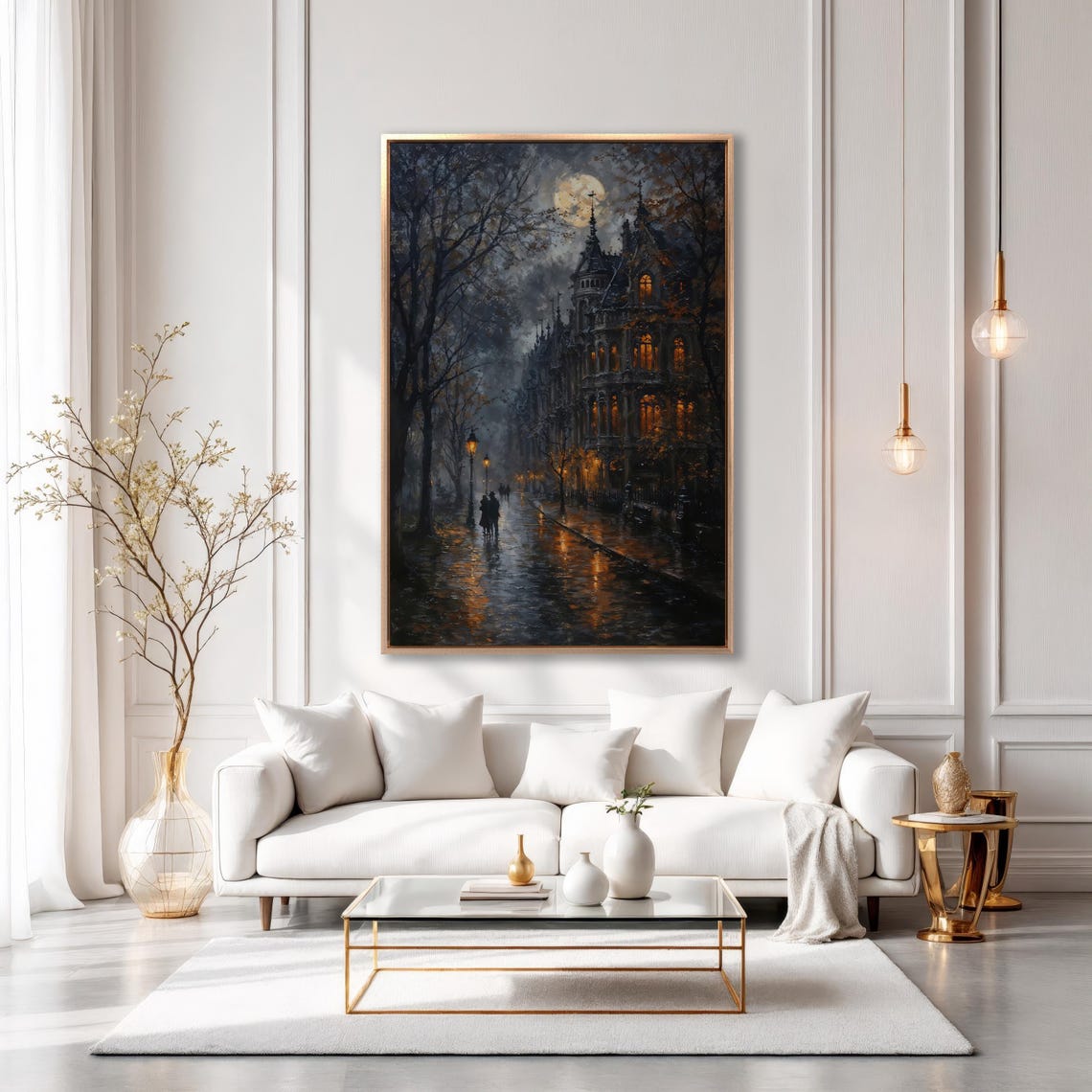 Foggy Moody Victorian Street At Night Rain Lit Windows Art Poster - Image 6
