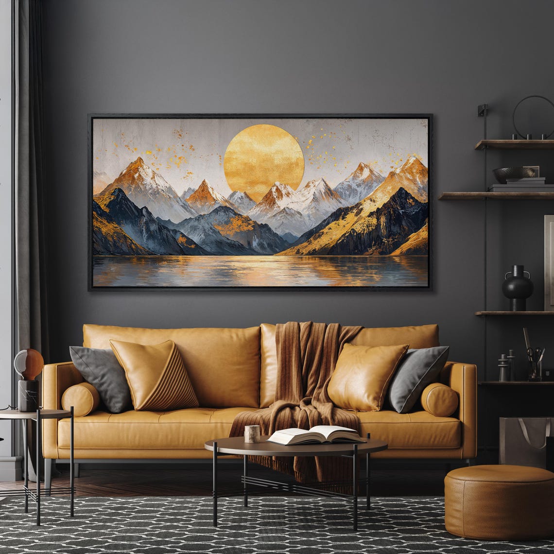 Golden Moon Hanging Over Mountain Peaks With Warm Glow Lake Poster - Image 3