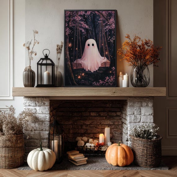Spooky On Swing Canvas Wall Art Funny Halloween Decor Cherry Blossoms Painting Print Cute Gothic Haunted Poster Gift Ready To Hang