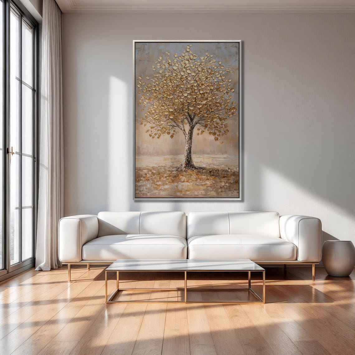 Solitary Golden Tree On Beige Gray Background Impasto Oil Poster - Image 6