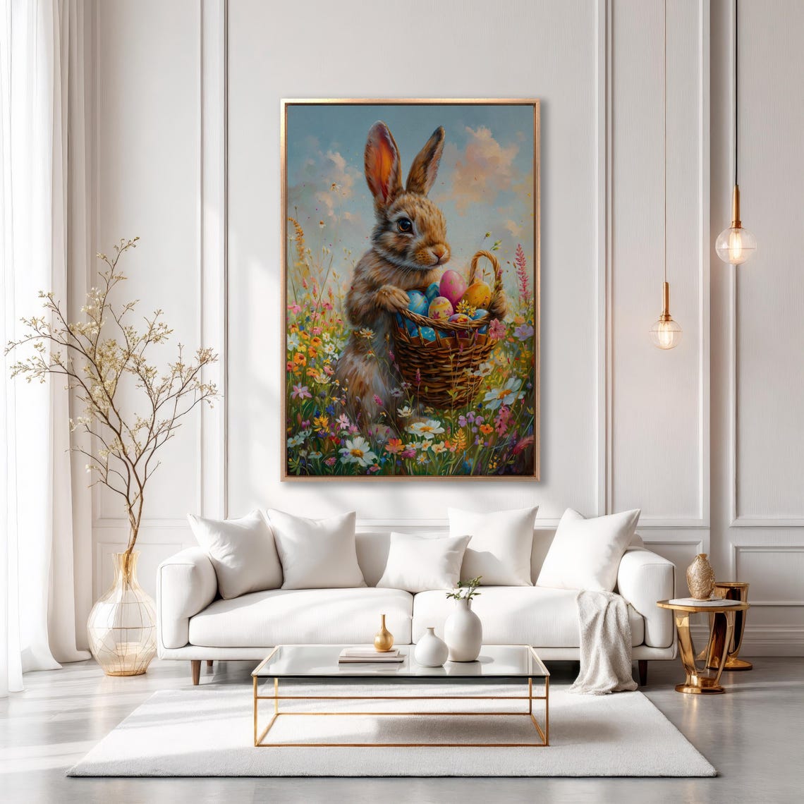 Bunny Holding Easter Egg Basket In Spring Meadow Painting Poster - Image 3