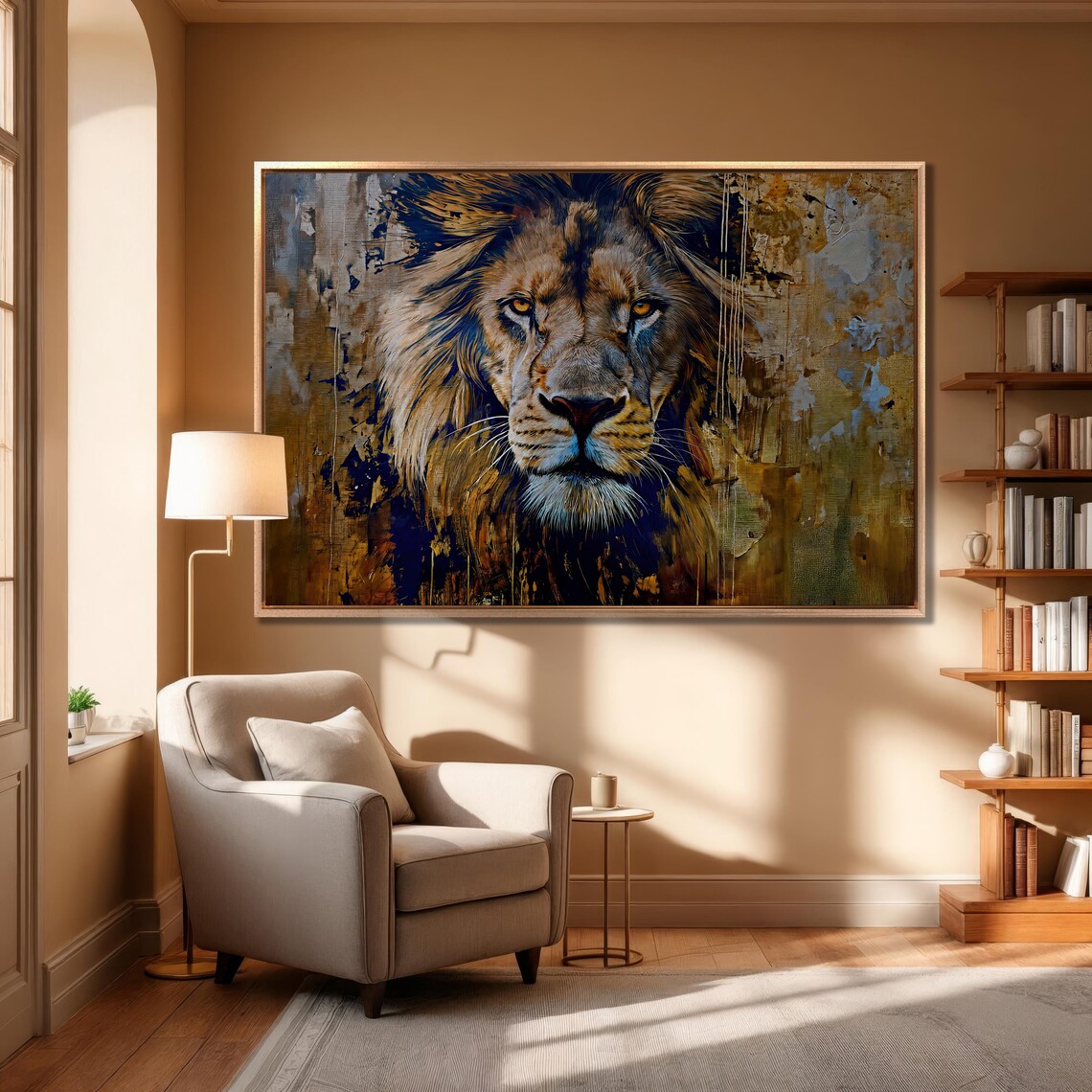 Lion Portrait Golden Brushstrokes Amber Eyes Wildlife Wall Art - Image 5