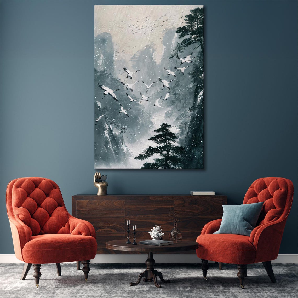 Japanese Cranes Flying Over Snowy Mountain In Ink Wash Style Poster - Image 2