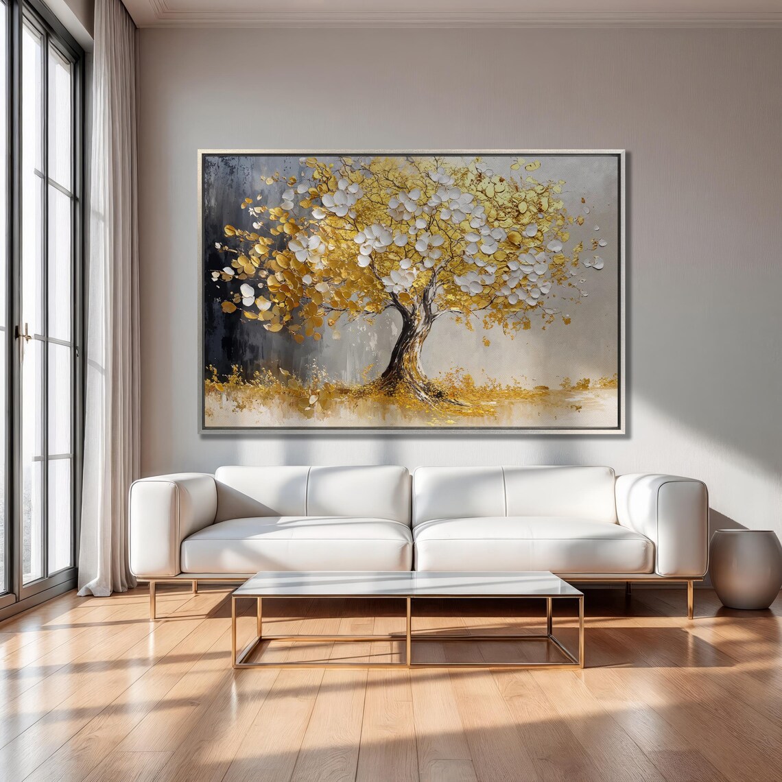 Golden Tree Of Life Painting Gold White Leaves Gray Art Poster - Image 2