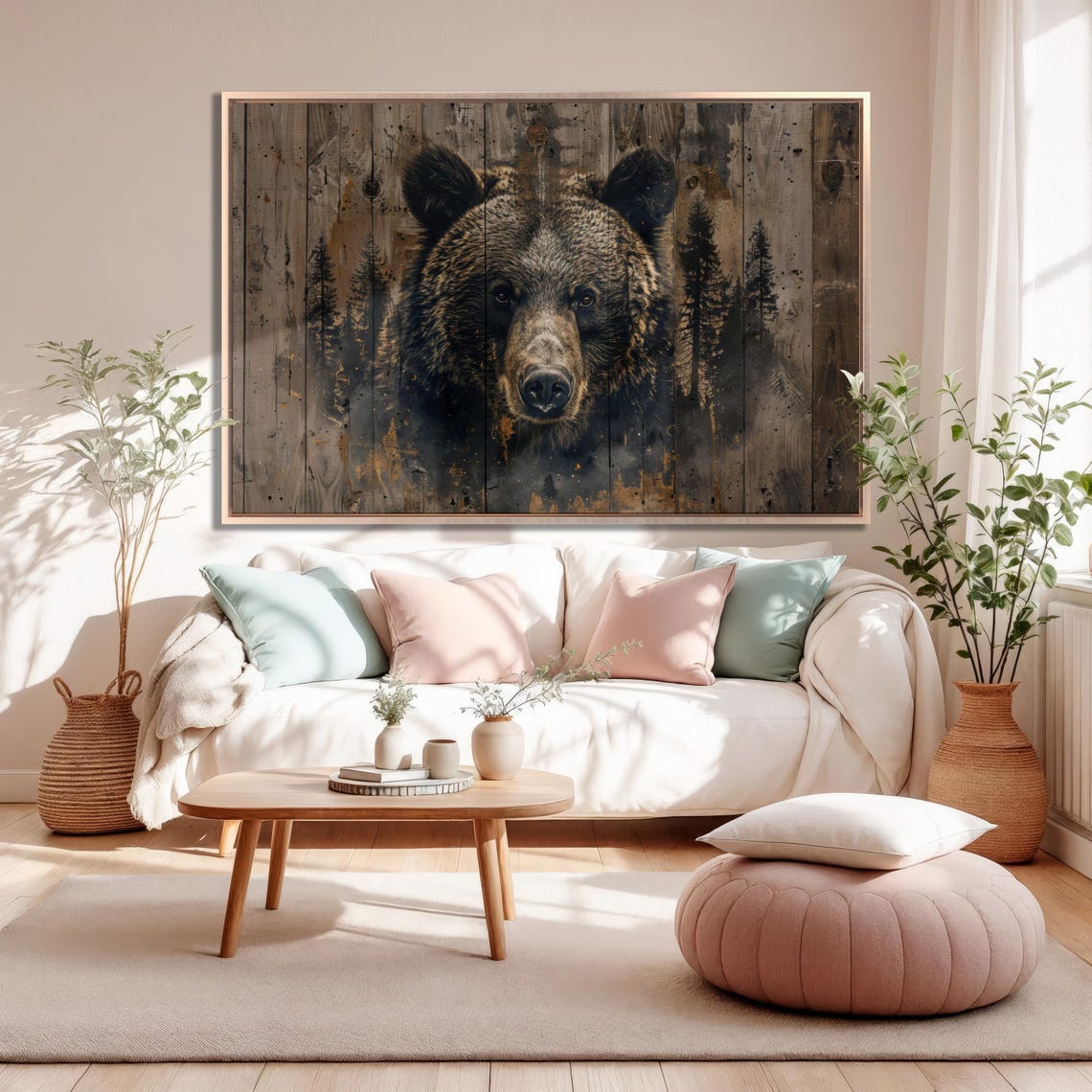Brown Bear Face On Rustic Wood Planks Wildlife Cabin Art Poster - Image 2