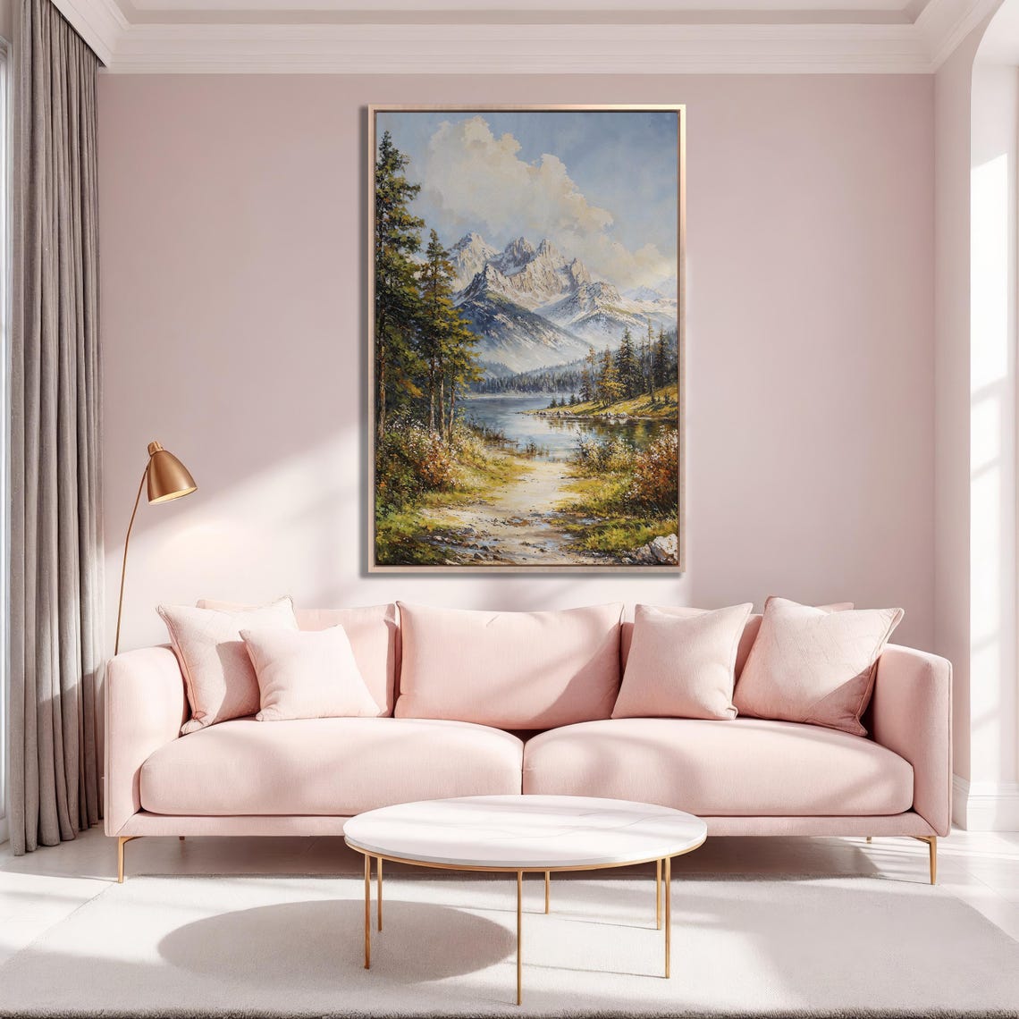 Snowy Mountain Peaks Above Calm Lake With Forest Path Poster - Image 5