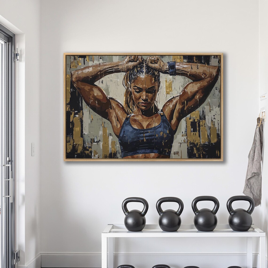 Strong Woman Tying Hair Up Fitness Portrait in Blue and Gold Poster - Image 2