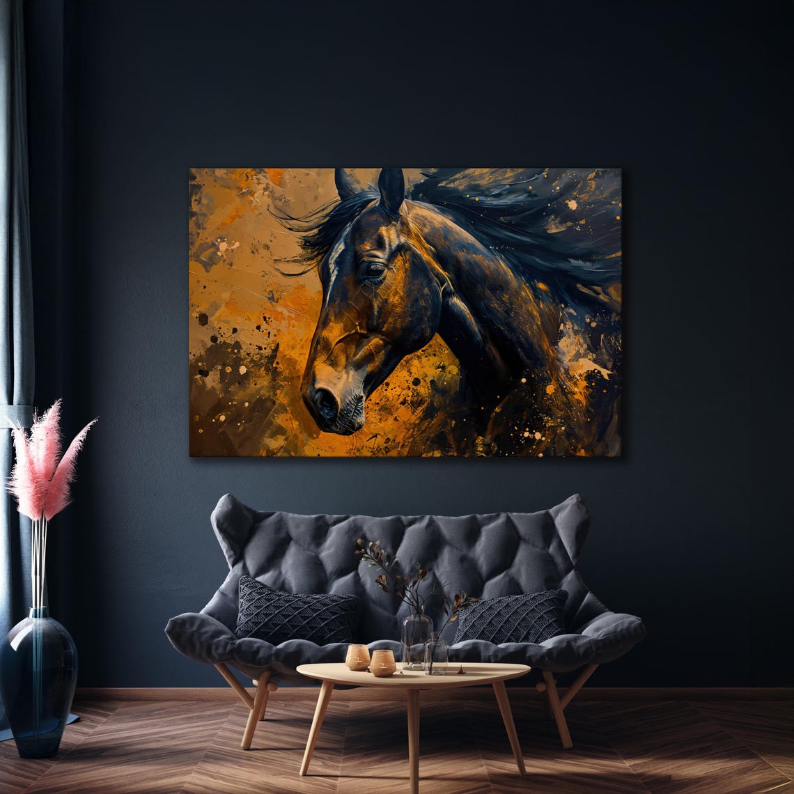Dark Brown Horse Portrait Amber Paint Splash Rustic Wall Art - Image 4