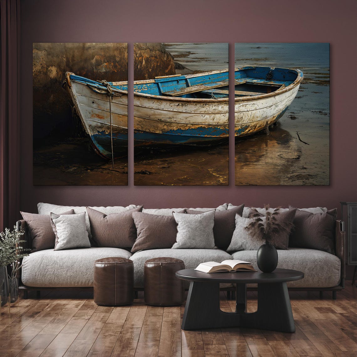 Weathered Blue Wooden Rowboat Moored At Low Tide Coastal Wall Art - Image 6