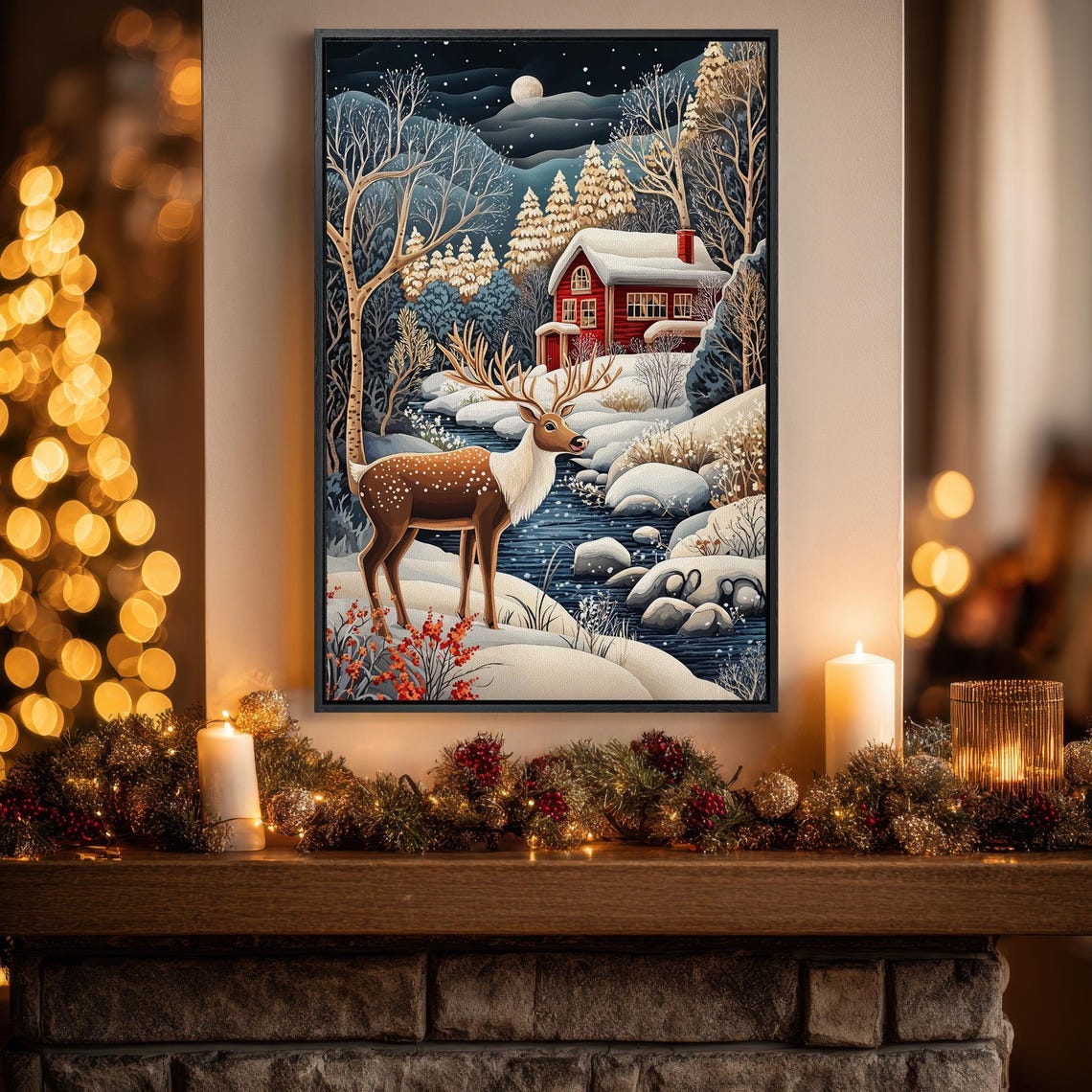 Reindeer By Snowy Stream Red Cabin Winter Christmas Wall Art