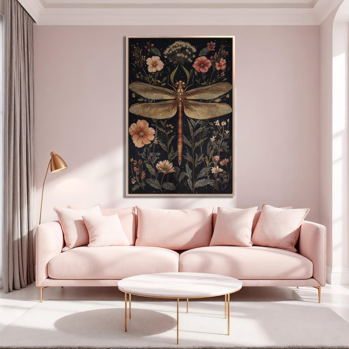 Copper Dragonfly With Soft Pink Cosmos Flowers on Black Poster - Image 5