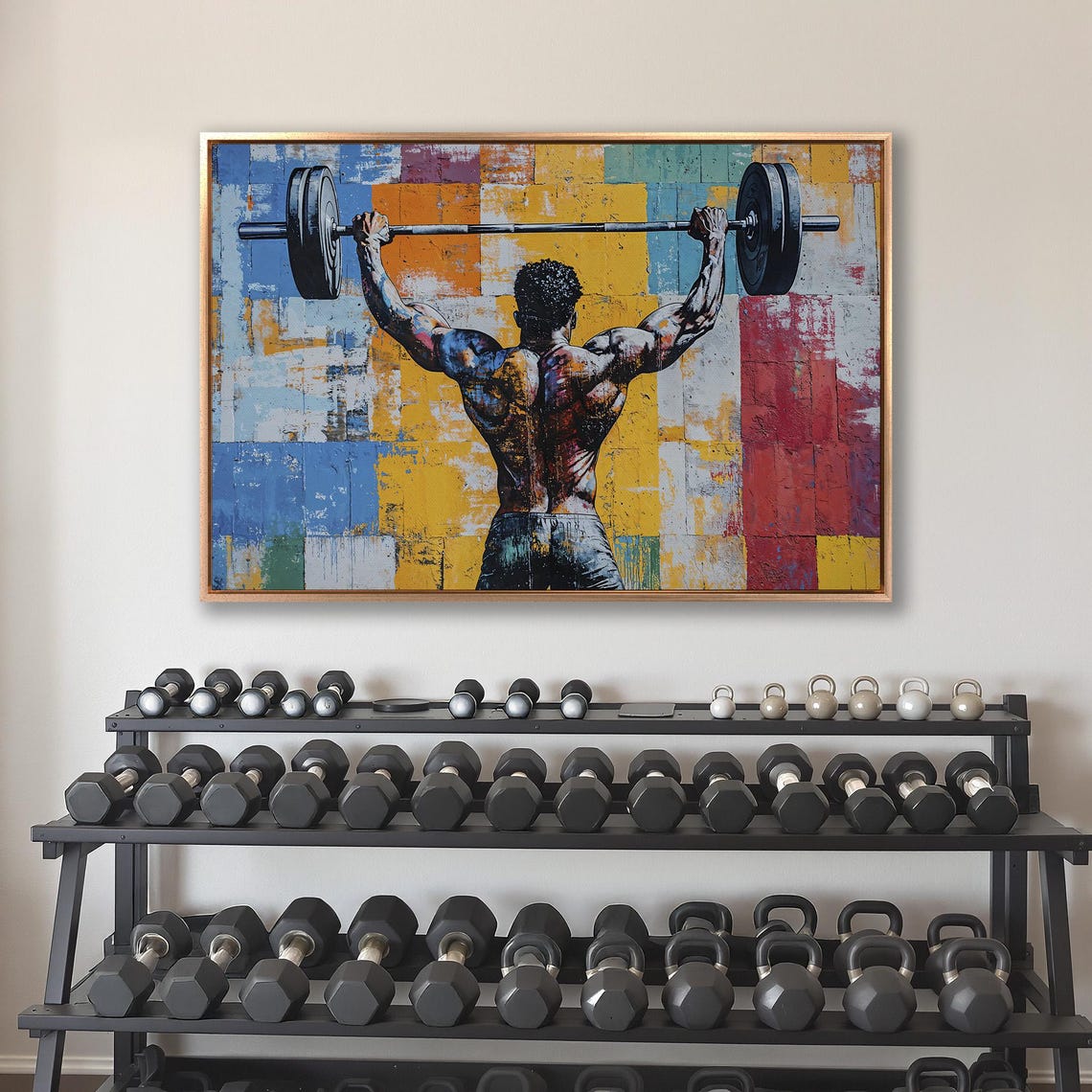 Man Pressing Barbell Overhead Back View Bold Color Block Poster - Image 4