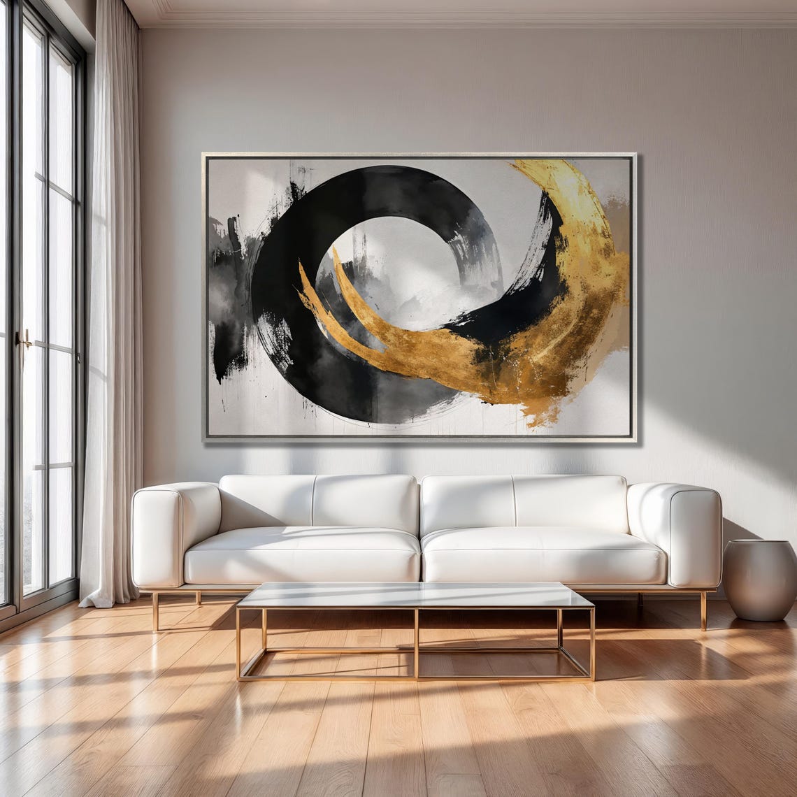 Black and Gold Bold Enso Circle Abstract Brush Stroke Art Poster - Image 2