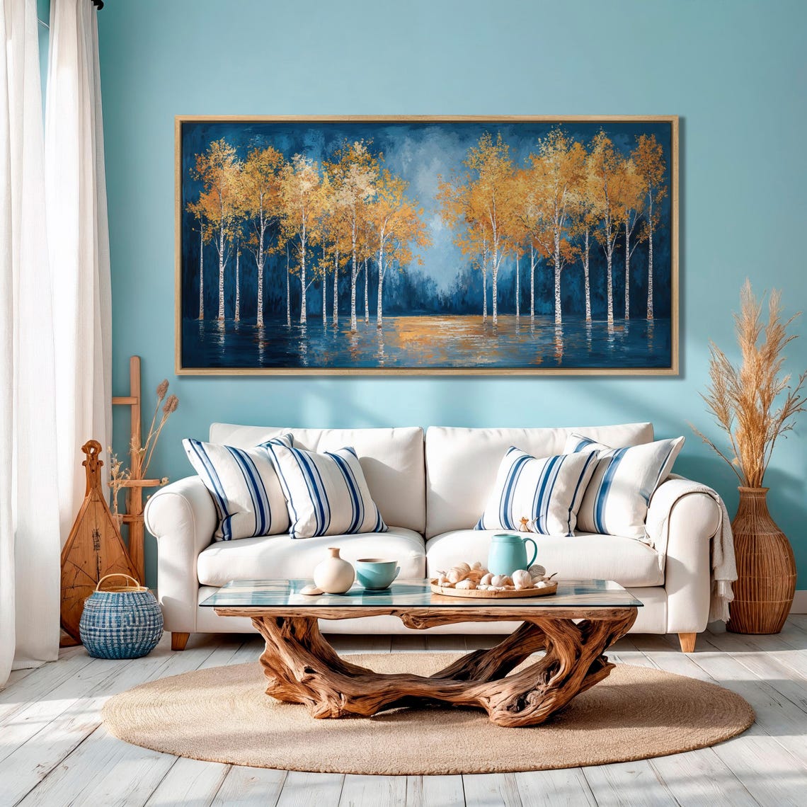Golden Birch Trees Against Deep Blue Water Reflection Art Poster - Image 3