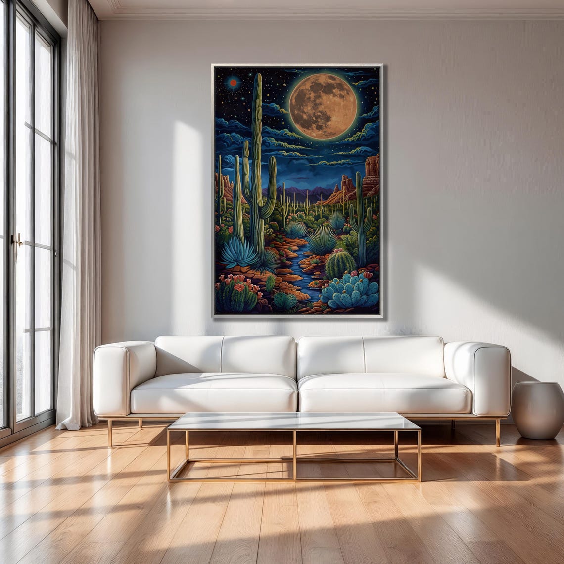 Full Moon Desert Night Saguaro Cactus Landscape Painting Poster - Image 3