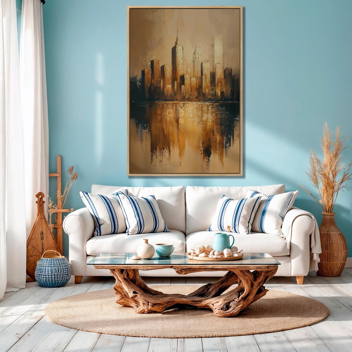 Golden City Skyline Reflection in Water Abstract Urban Art Poster - Image 4