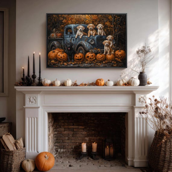 Halloween Puppies Blue Pickup Truck Jack O Lantern Pumpkins Poster