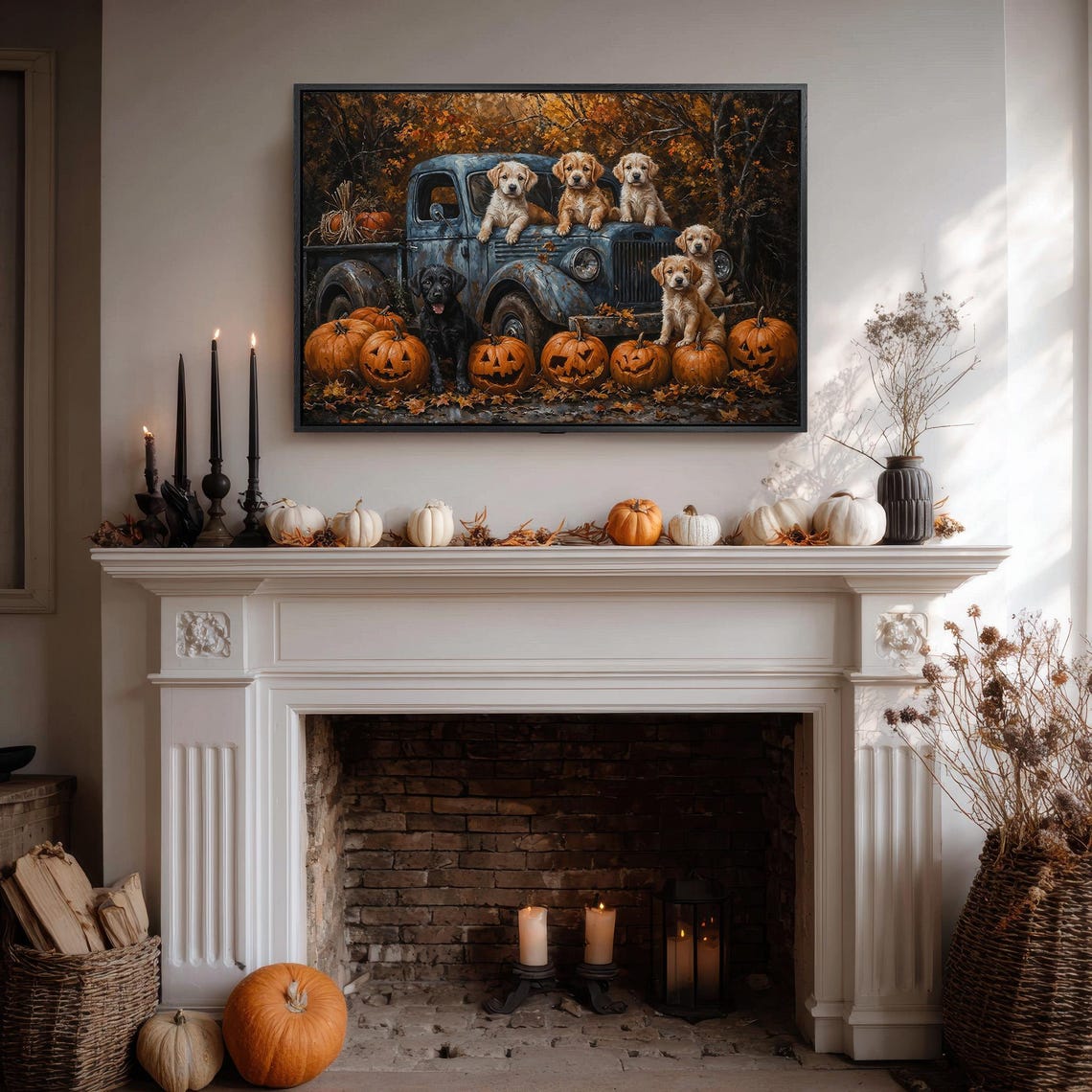 Halloween Puppies Blue Pickup Truck Jack O Lantern Pumpkins Poster