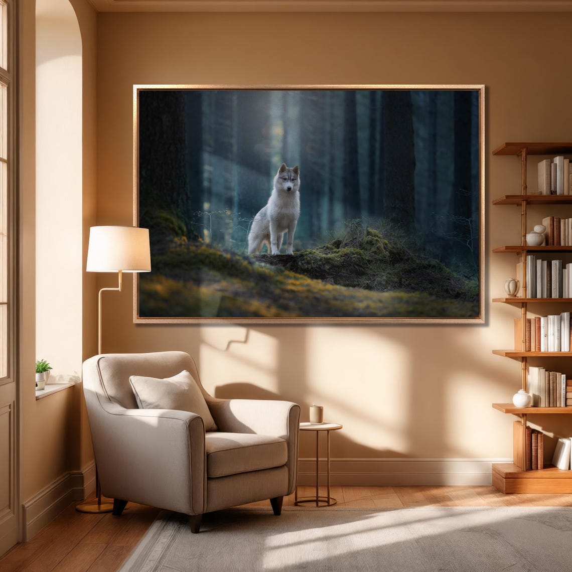 White Siberian Husky Standing in Misty Forest Wildlife Poster - Image 2