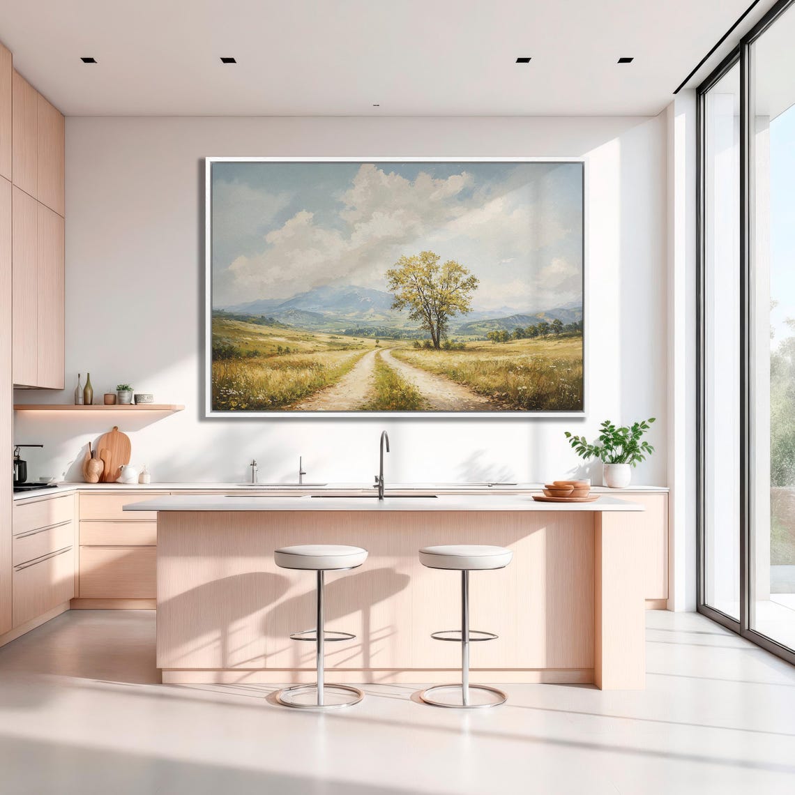 Lone Tree On Country Road Through Golden Meadow Landscape Poster - Image 3