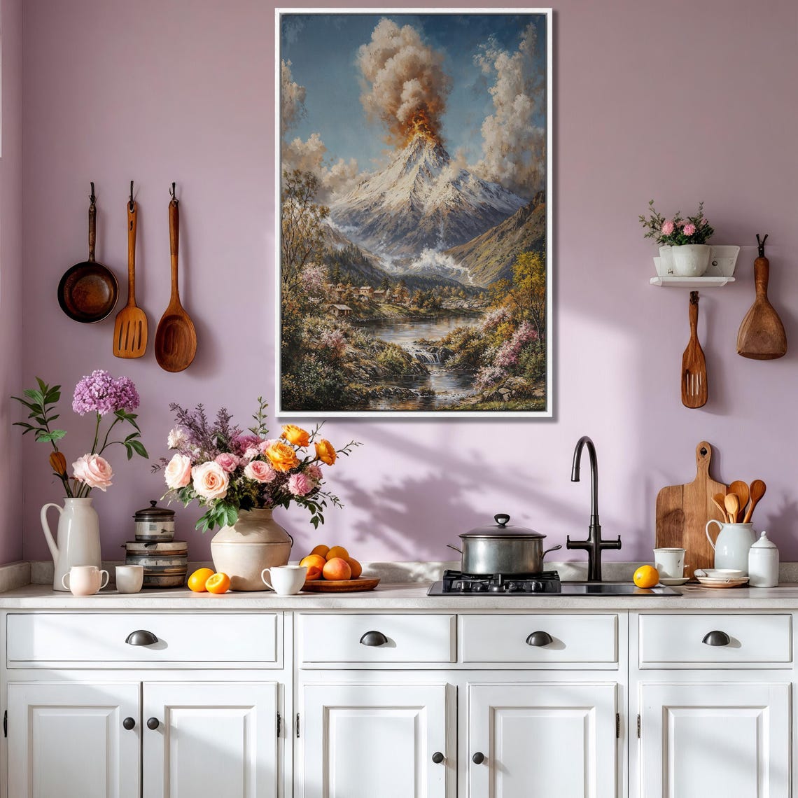 Erupting Volcano With Ash Cloud Over Snowy Peak and Village Poster - Image 3