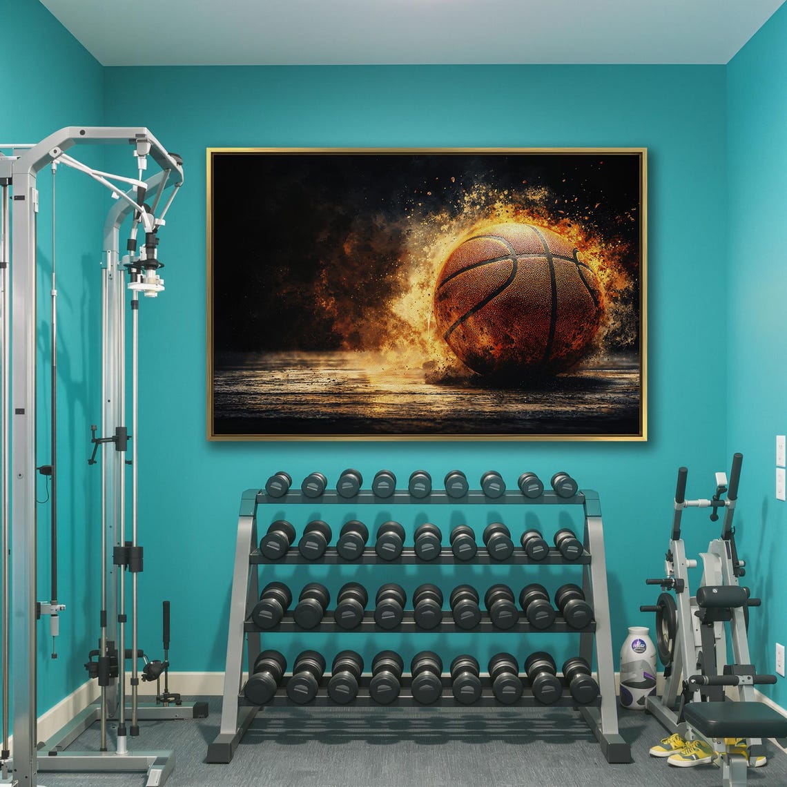 Basketball Exploding In Bright Flames And Sparks On Dark Poster - Image 3