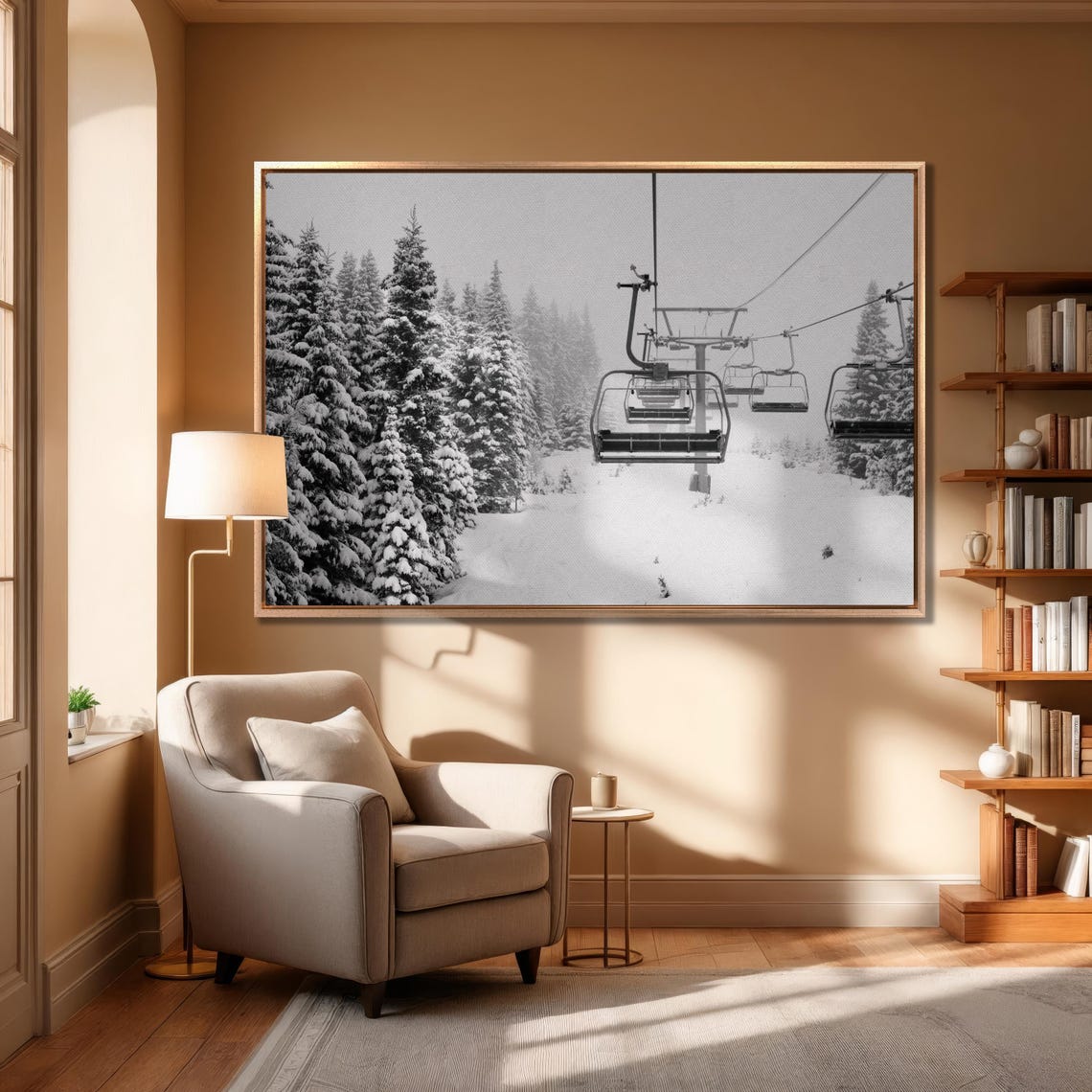 Ski Lift Chairs Snowy Pines Black And White Winter Photo Wall Art - Image 2