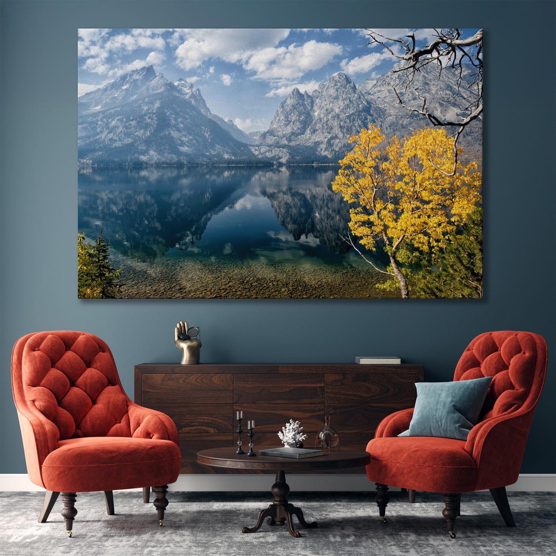 Grand Teton Fall Colors Mountain Lake Reflection Scenic Wall Art - Image 4