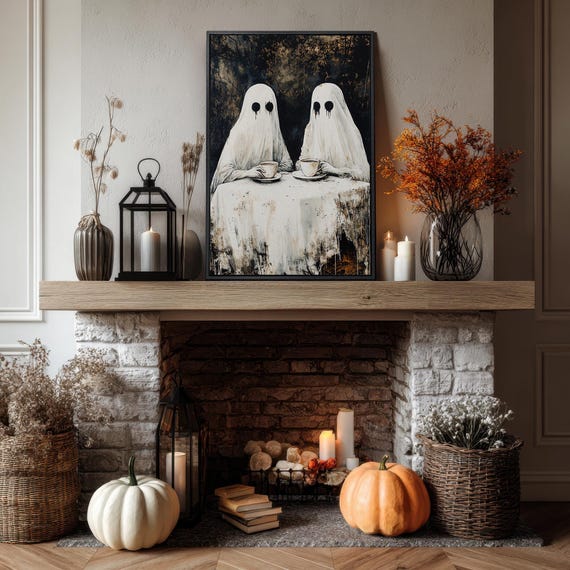 Two Ghosts Sharing Tea At Midnight Gothic Halloween Spooky Poster
