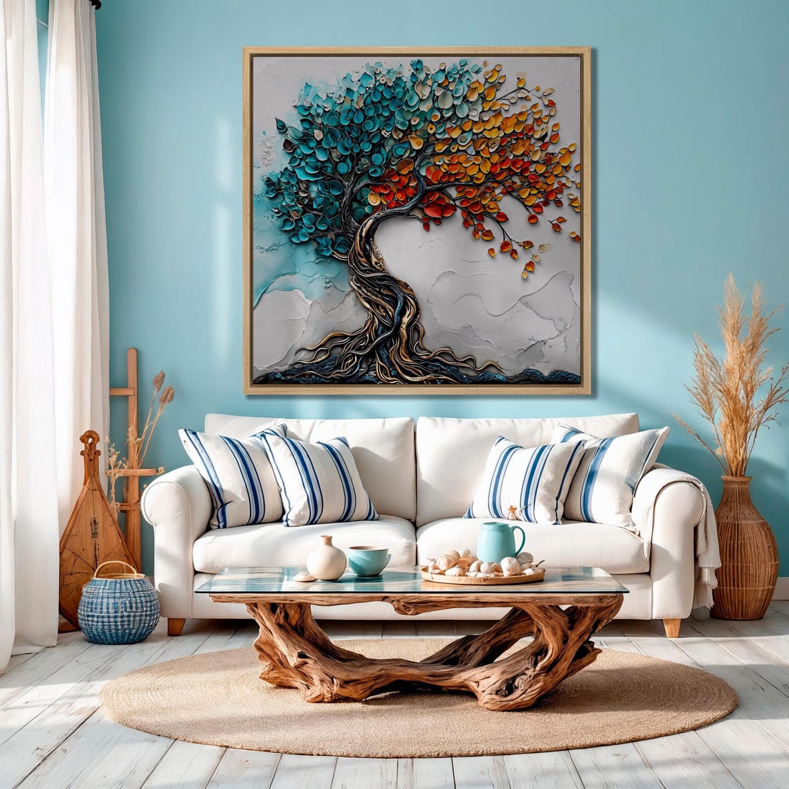 Tree of Life Teal Orange Leaves 3D Impasto Textured Painting Poster - Image 3