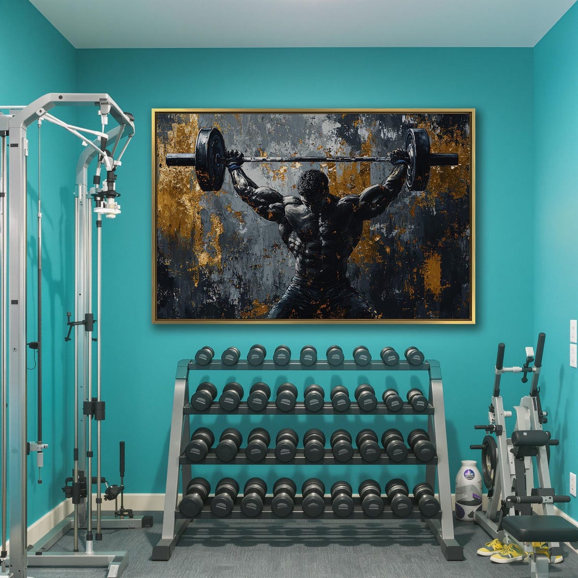 Powerlifter Overhead Press Strength Painting on Dark Gold Poster - Image 3