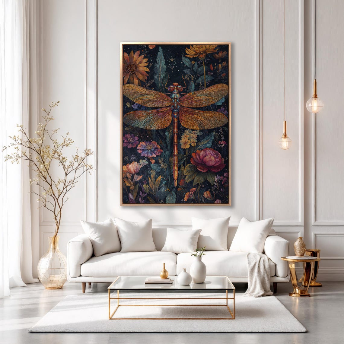 Iridescent Orange Dragonfly in a Purple Night Garden Scene Poster - Image 6