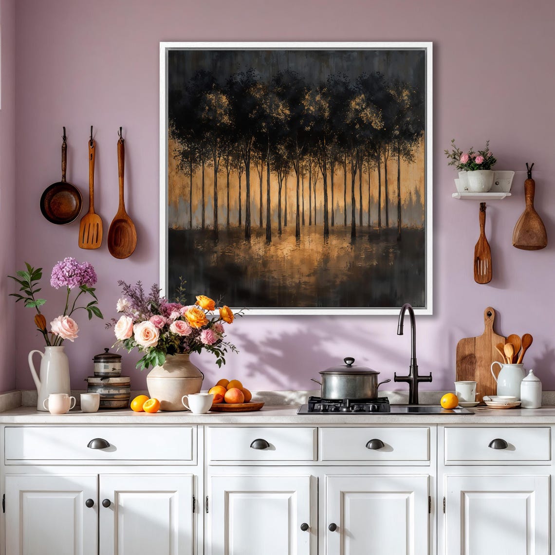 Dark Forest Trees Silhouettes in Golden Mist Reflection Art Poster - Image 2