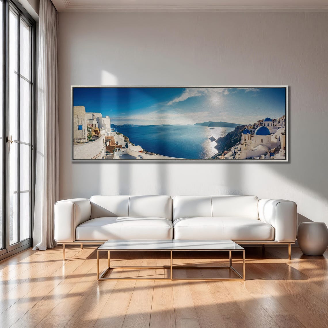 Santorini Greece Panoramic Coast With Blue Domes Triptych Poster - Image 3