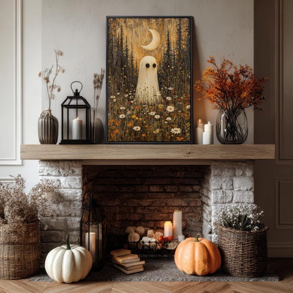 Tall Ghost Among Wildflowers Under Crescent Moon Halloween Poster