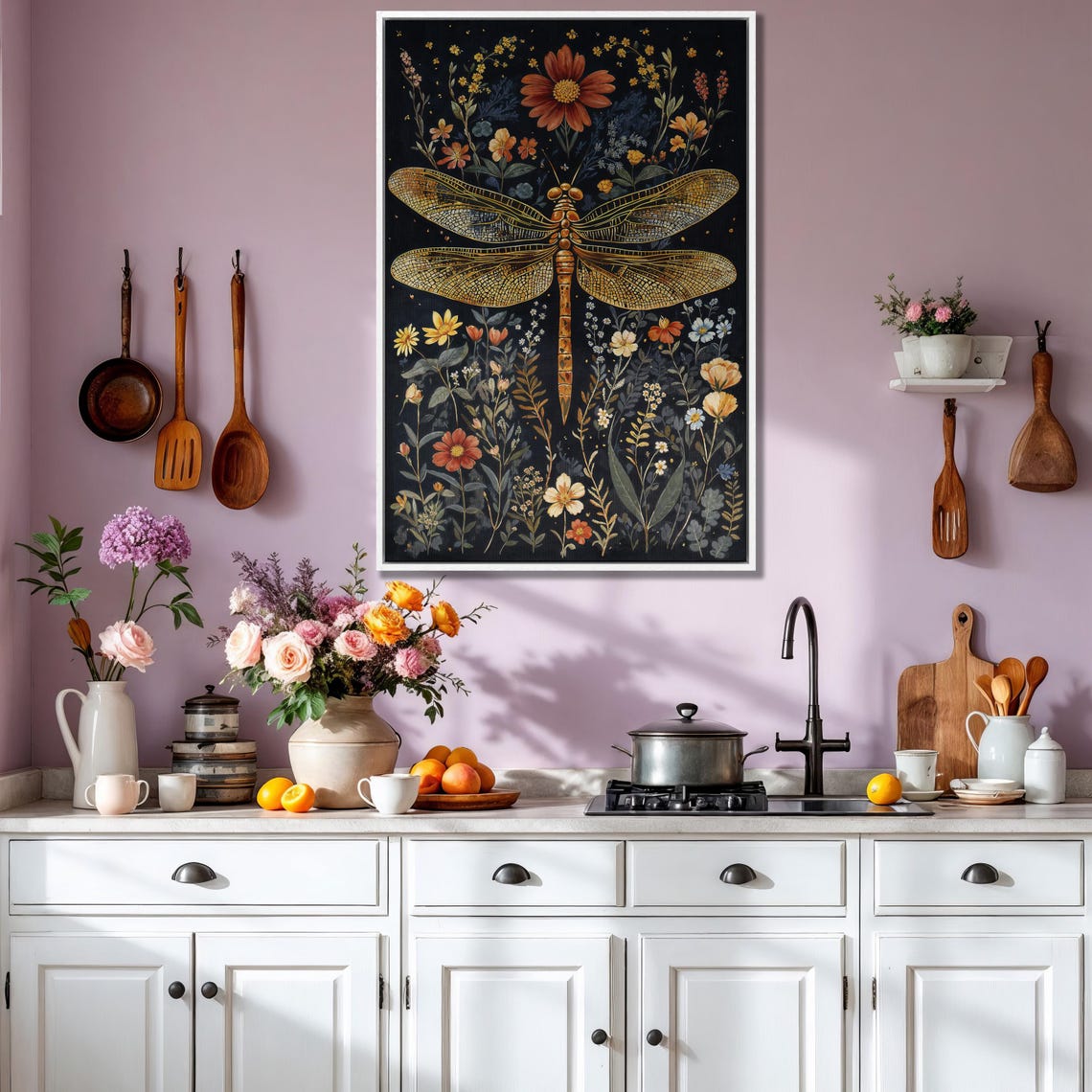 Golden Mosaic Winged Dragonfly Among Wildflowers on Black Poster - Image 3