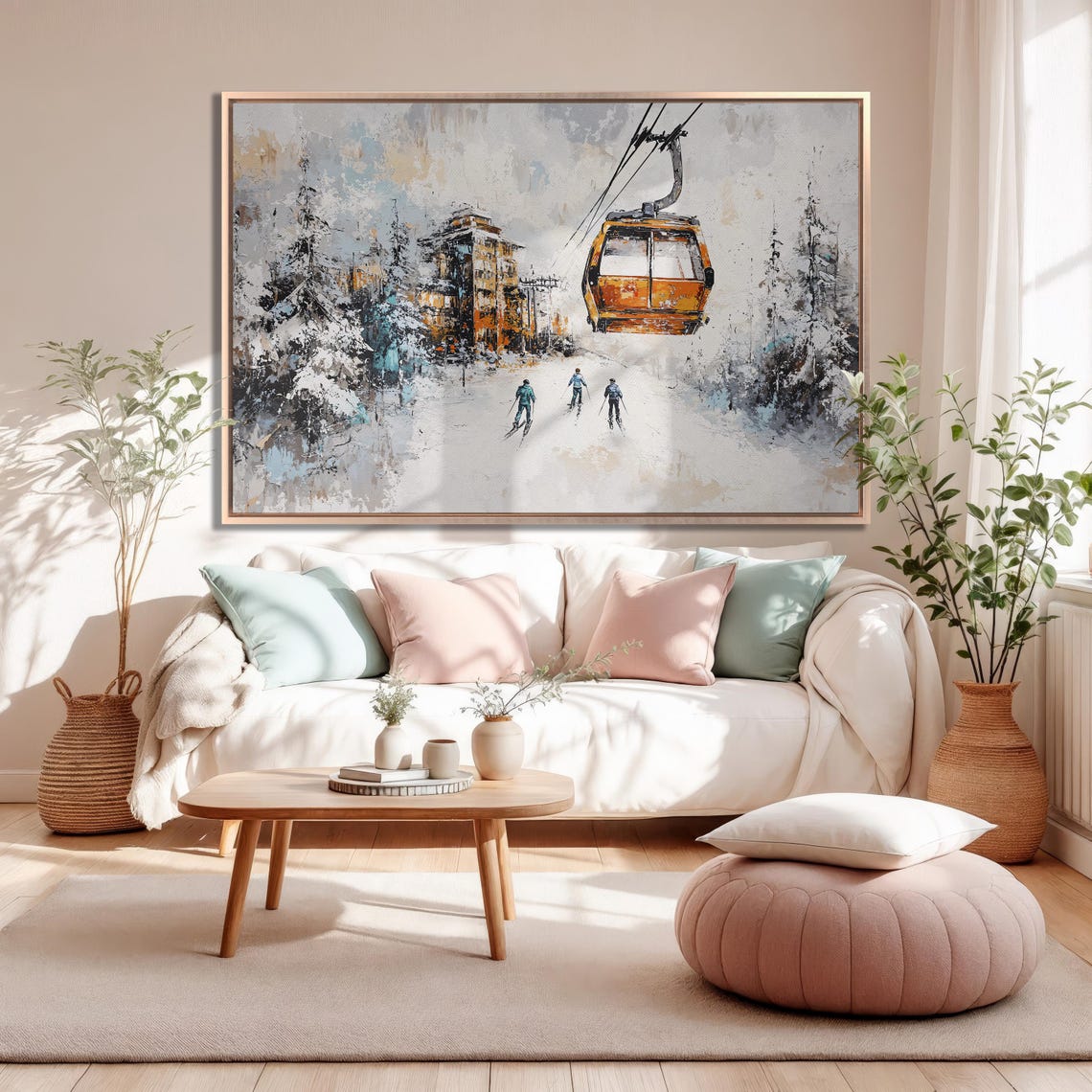 Orange Gondola and Skiers with Snowy Village Soft Winter Poster - Image 5