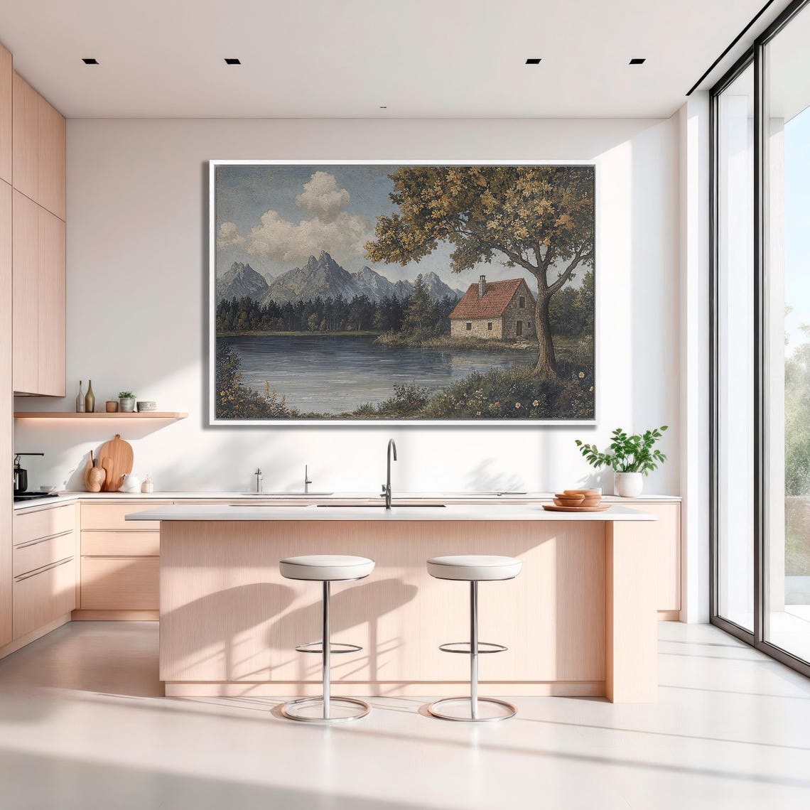 Stone Lakeside Cottage With Mountains Golden Tree Landscape Poster - Image 3