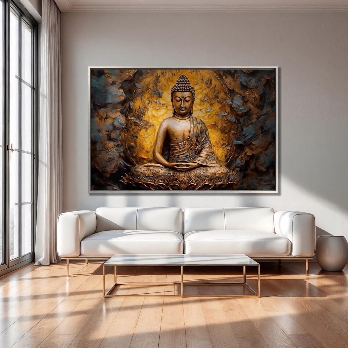 Golden Buddha with Radiant Halo Dark Spiritual Meditation Poster - Image 2
