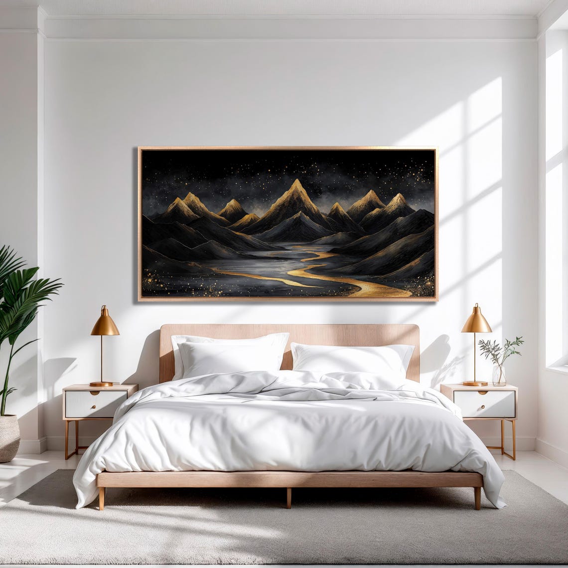 Golden Peaks and Winding River Under Starry Night Sky Art Poster - Image 3