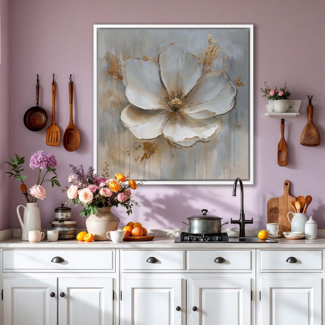 White Blossom With Gold Accents On Gray Impasto Painting Poster - Image 6