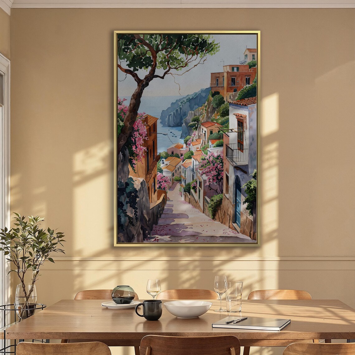 Amalfi Coast Village Street Pink Bougainvillea Watercolor Poster - Image 6