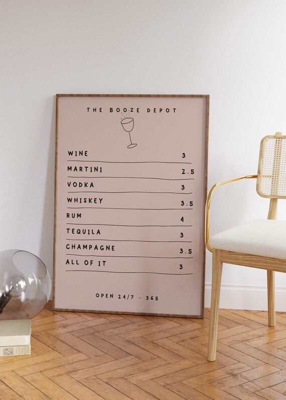 The Booze Depot Funny Cocktail Menu Pink Bar Cart Drink Poster
