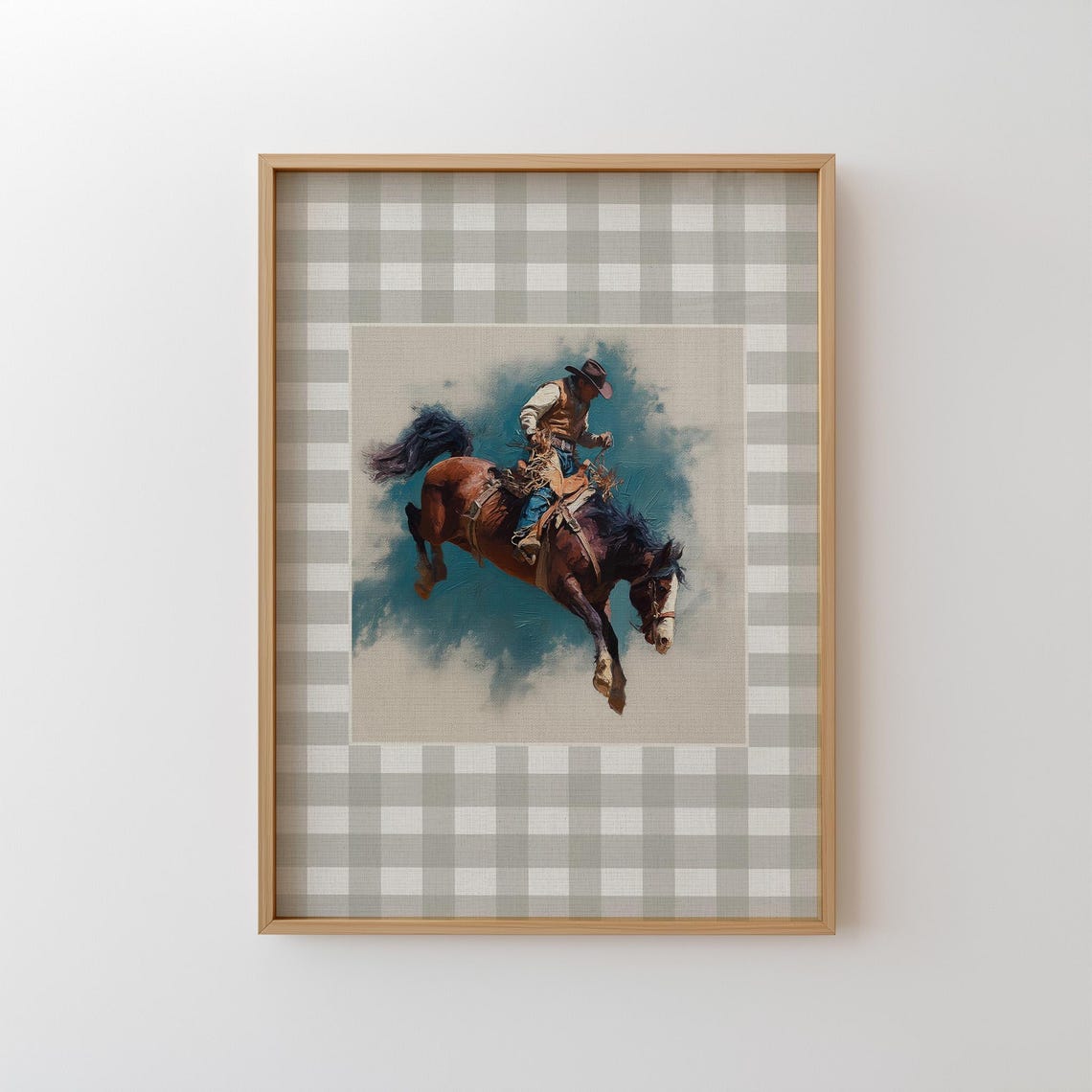 Vintage Cowboy Riding Bucking Horse Rustic Gingham Art Poster